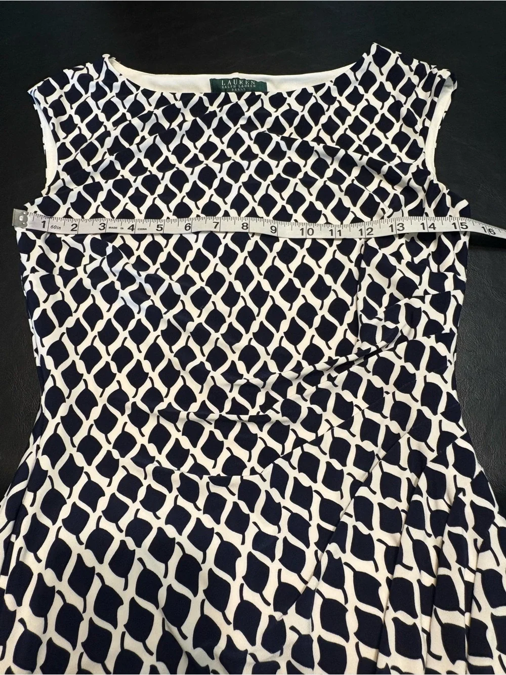 Ralph Lauren Navy and White Geometric Midi Sheath Dress